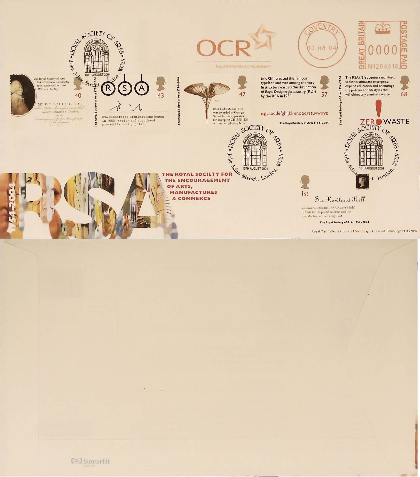 2004 - Royal Society of Arts FDC Meter Mark O C R Recording & R S A Handstamp